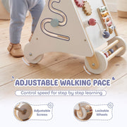 Close-up of the baby walker wheel with adjustable screws and lockable wheels labelled