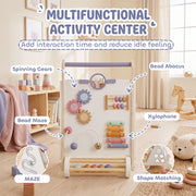 Activity centre graphic labelling spinning gears, bead abacus, xylophone, bead maze and shape matching