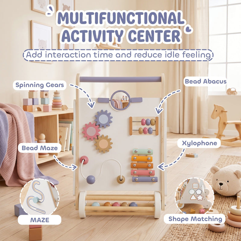 Activity centre graphic labelling spinning gears, bead abacus, xylophone, bead maze and shape matching