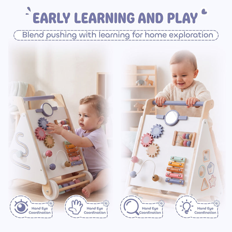 Toddler playing with the walker's gears and abacus beside early learning icons