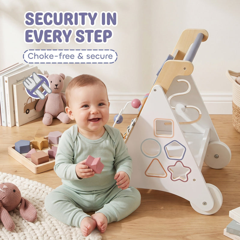 Baby sitting beside the walker's shape-matching side panel with a choke-free and secure label