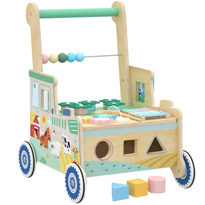 AIYAPLAY green and natural wood baby walker with multi-activity play panel, front view