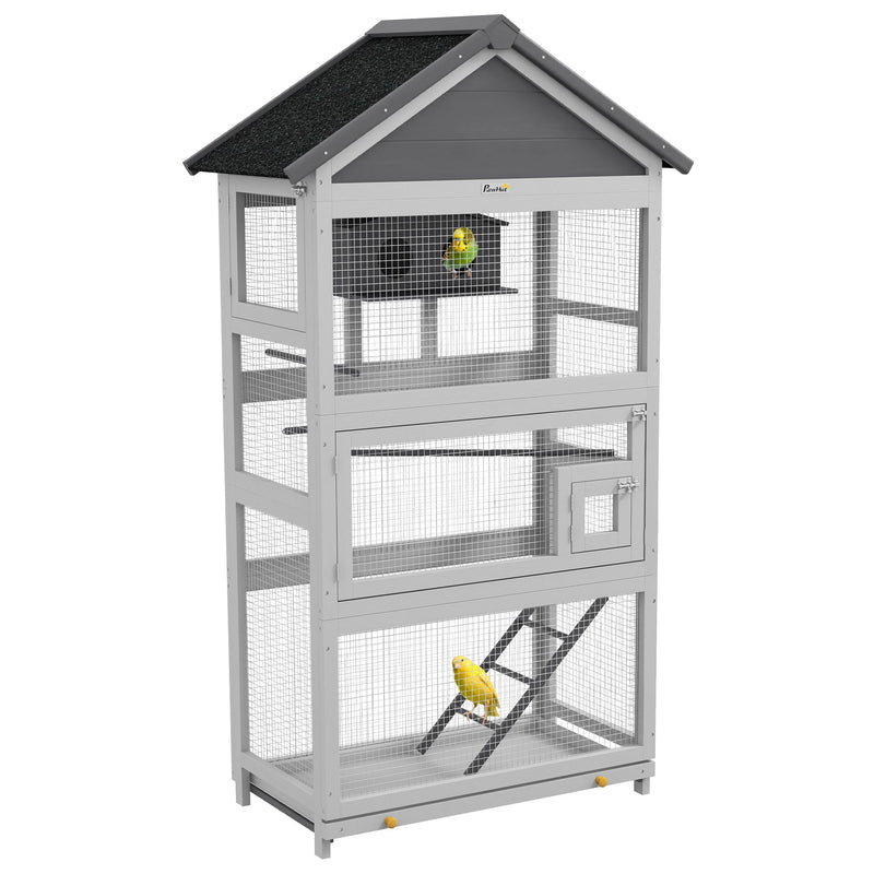 PawHut wooden bird cage with stand, grey and black, studio shot with birds