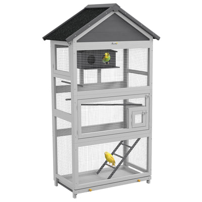 PawHut wooden bird cage with stand, grey and black, studio shot with birds