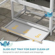 Slide-out tray graphic showing easy clean-up of seeds and droppings