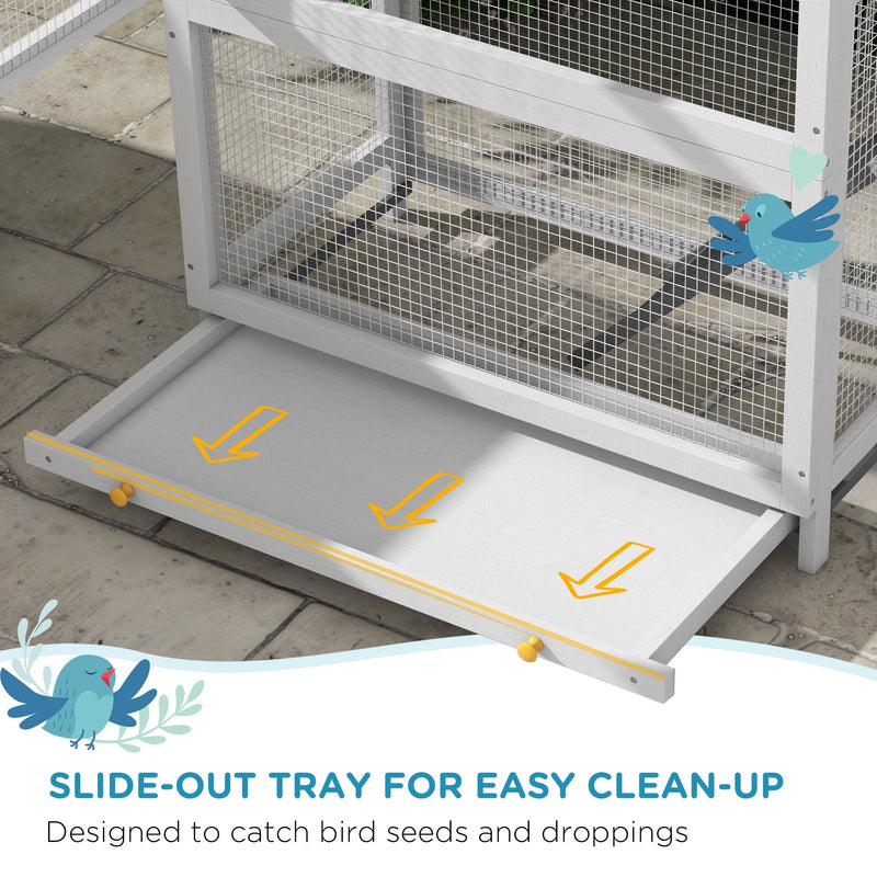 Slide-out tray graphic showing easy clean-up of seeds and droppings