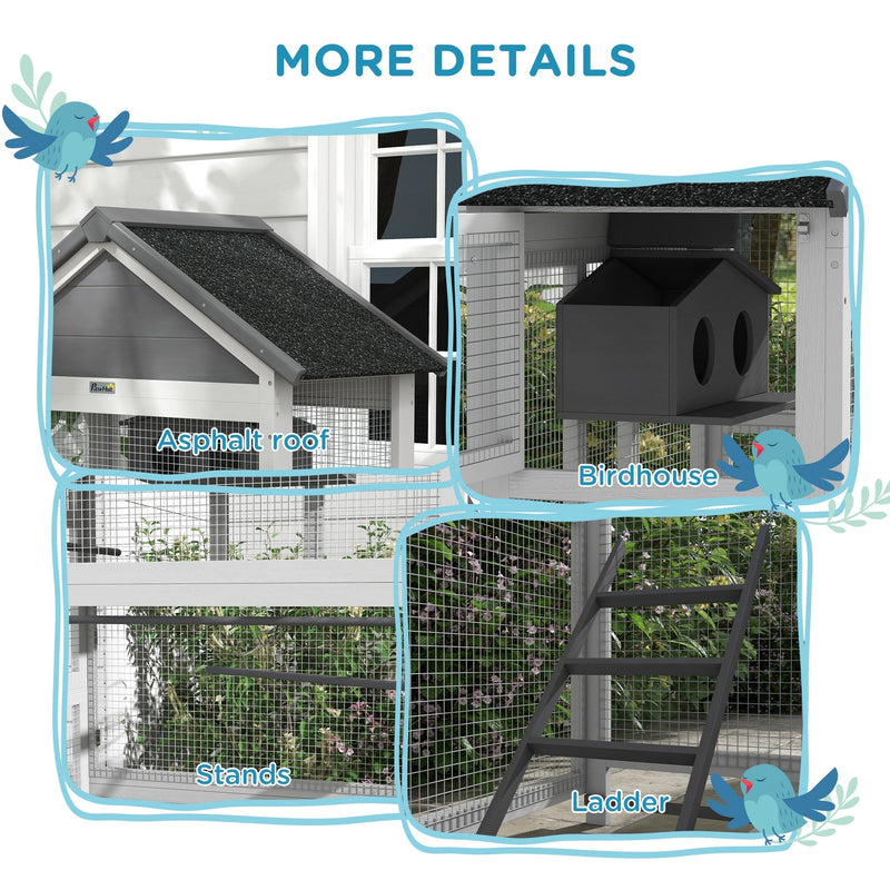 More details graphic showing the asphalt roof, birdhouse, stands and ladder