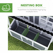 Inside the nesting box showing the partition dividers that separate laying spaces for hens