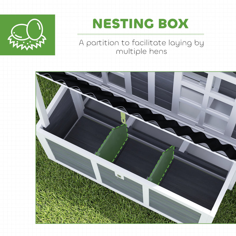 Inside the nesting box showing the partition dividers that separate laying spaces for hens