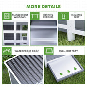 Close-up details of the transparent windows, resting perches, elevated feet, waterproof roof and pull-out tray
