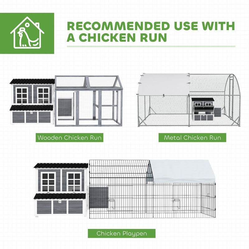 Chicken coop shown alongside compatible chicken run accessories sold separately: wooden run, metal run and playpen