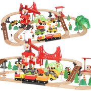Wooden construction train set with red crane, bridge, tunnel and vehicles on a white background
