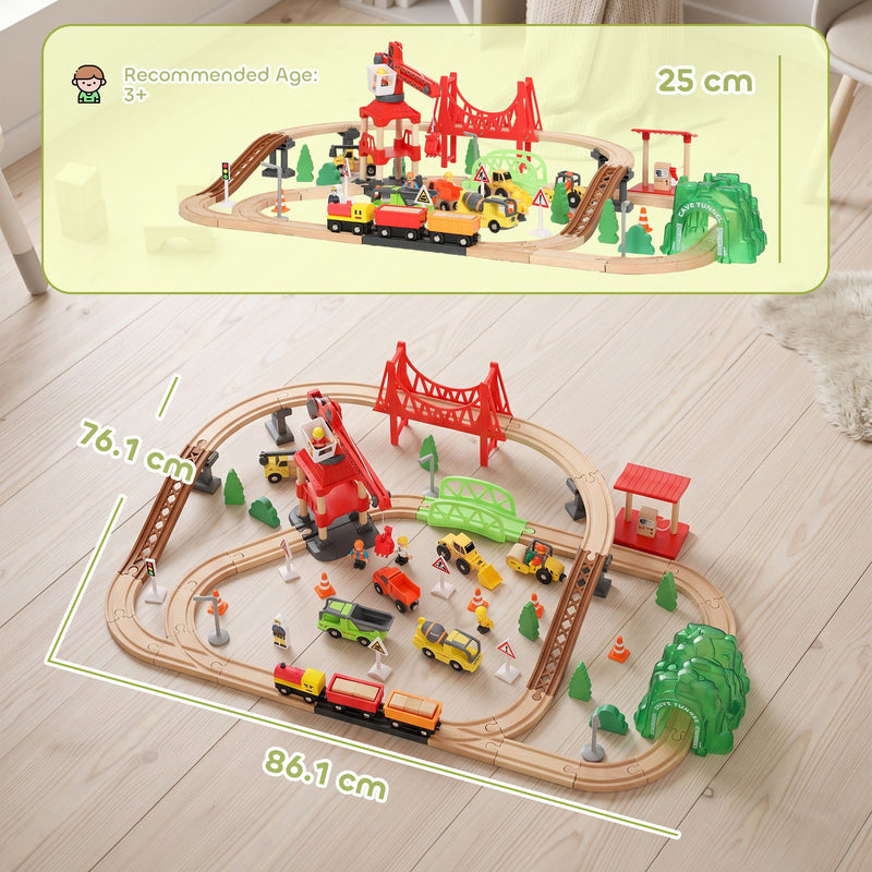 Construction train set layout with 86.1 x 76.1 x 25 cm dimensions and recommended age 3+ label