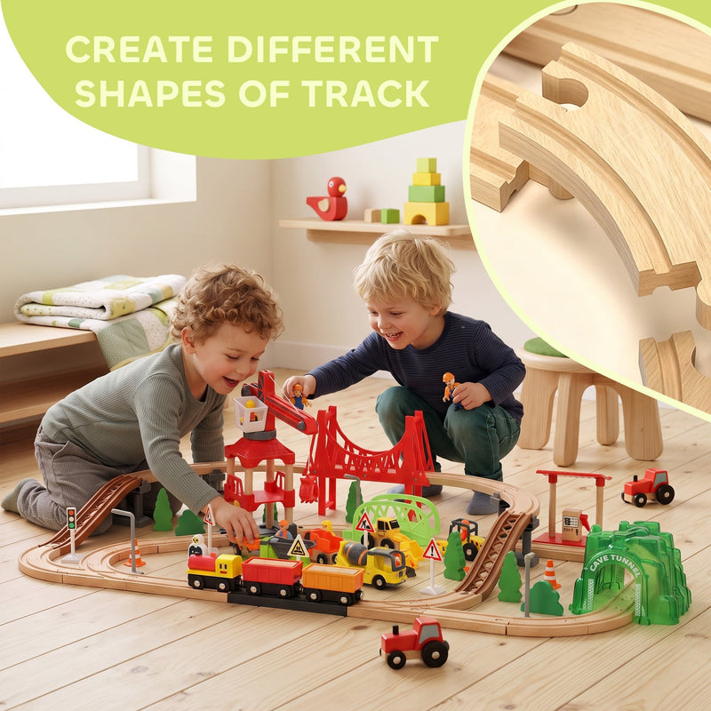 Two children building different shapes of wooden track beside a close-up of the track joint
