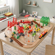 Construction train set built on a table in a child's bedroom