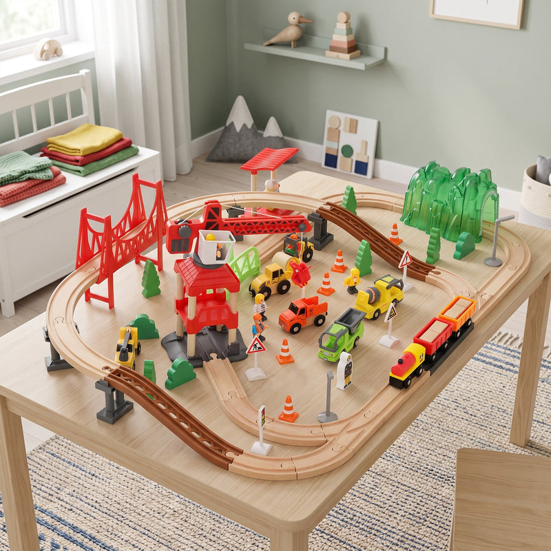 Construction train set built on a table in a child's bedroom