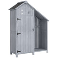 Grey wooden garden shed with a single door, three shelves and an open log rack