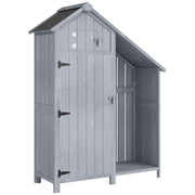 Grey wooden garden shed with a single door, three shelves and an open log rack