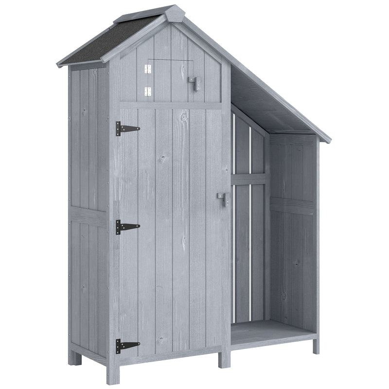 Grey wooden garden shed with a single door, three shelves and an open log rack