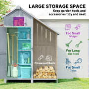 Large storage space panel showing garden tools on the shelves beside the firewood rack