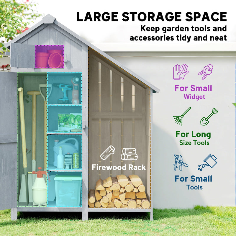 Large storage space panel showing garden tools on the shelves beside the firewood rack