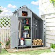 Garden shed with the door open showing tools on three shelves and logs stacked below