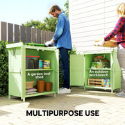 Multipurpose use panel showing the light green shed as a garden tool shed and an outdoor workbench