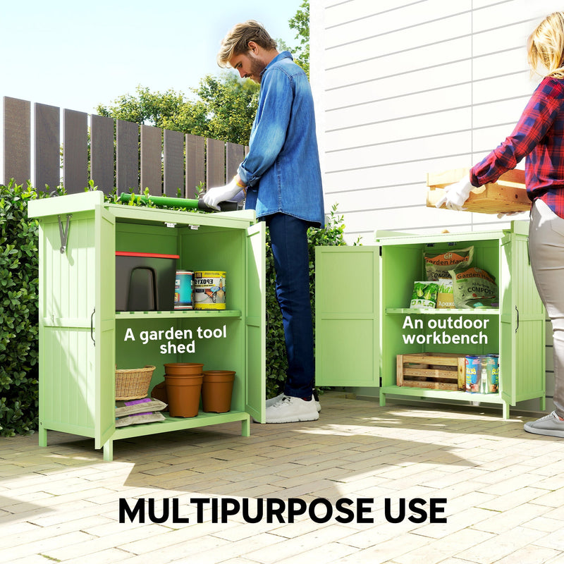 Multipurpose use panel showing the light green shed as a garden tool shed and an outdoor workbench