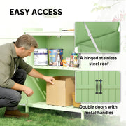 Easy access panel with close-ups of the hinged stainless steel lid and double doors with black metal handles