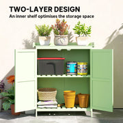 Two layer design panel with potted plants on the worktop and the inner shelf holding boxes and pots