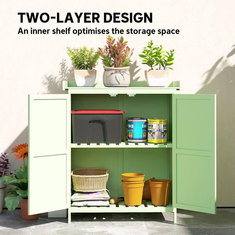 Two layer design panel with potted plants on the worktop and the inner shelf holding boxes and pots