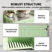 Robust structure panel highlighting the stainless steel top, varnished solid wood frame and slatted base