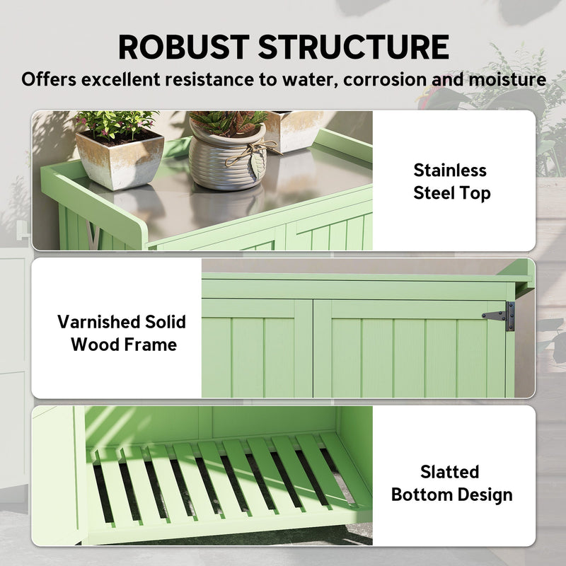 Robust structure panel highlighting the stainless steel top, varnished solid wood frame and slatted base