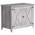 Light grey wooden garden storage shed with X-brace barn doors and a flat top