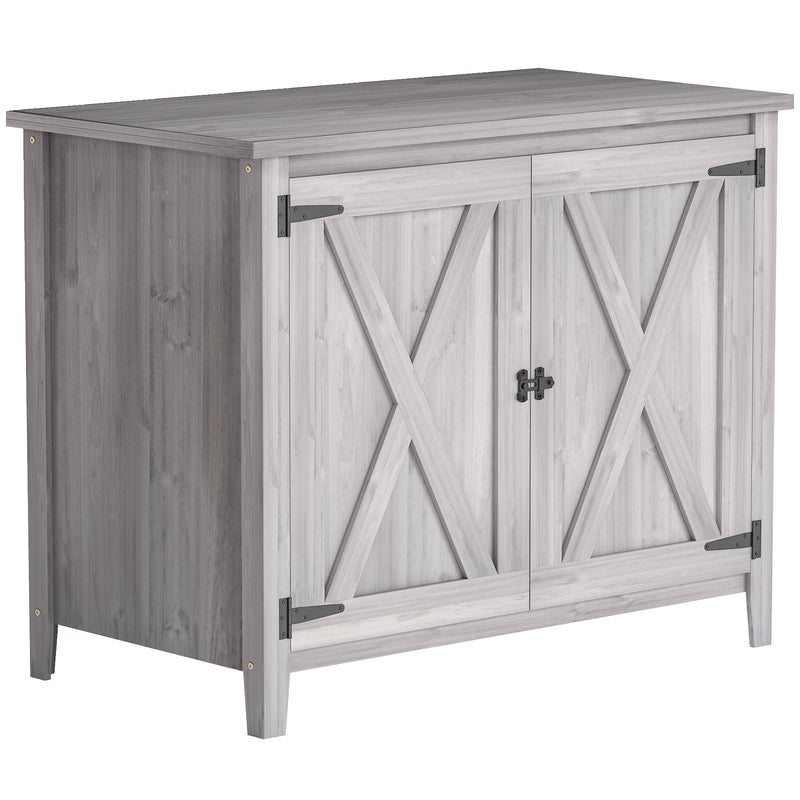 Light grey wooden garden storage shed with X-brace barn doors and a flat top