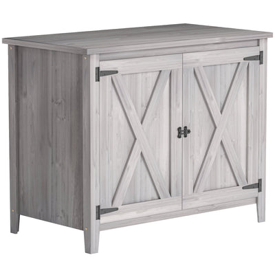 Light grey wooden garden storage shed with X-brace barn doors and a flat top