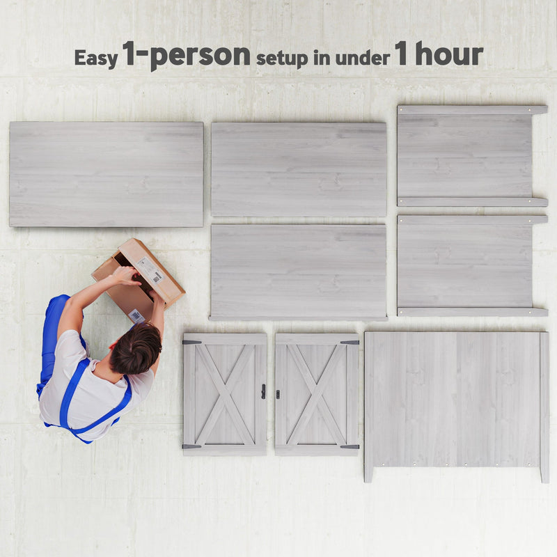 Flat lay of the shed panels showing one-person assembly in under an hour