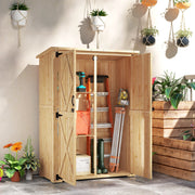 Natural fir wooden garden shed with both doors open, holding a step ladder, boots and a tool crate