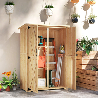Natural fir wooden garden shed with both doors open, holding a step ladder, boots and a tool crate