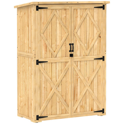 Studio front view of the natural wooden shed with closed double doors and diamond timber bracing