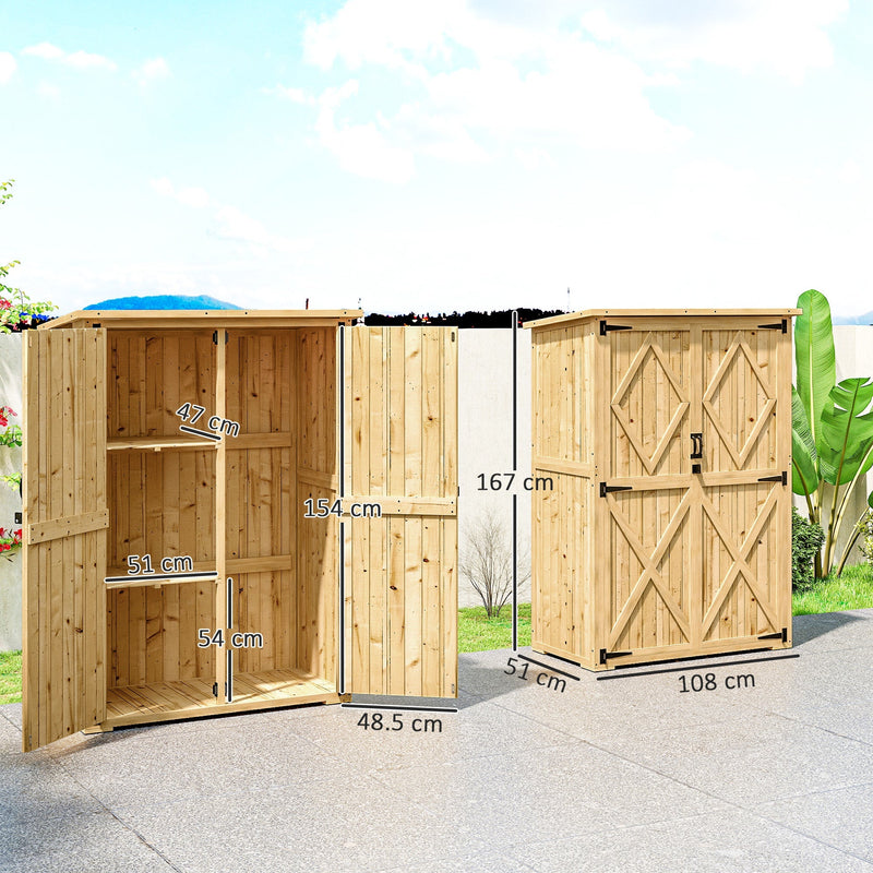 Dimension diagram showing a 108 x 51 cm body, 167 cm height, 48.5 cm doors and 51 x 47 cm shelves