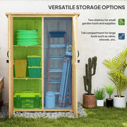 Storage options panel showing two shelves for small tools and a tall bay for rakes and shovels