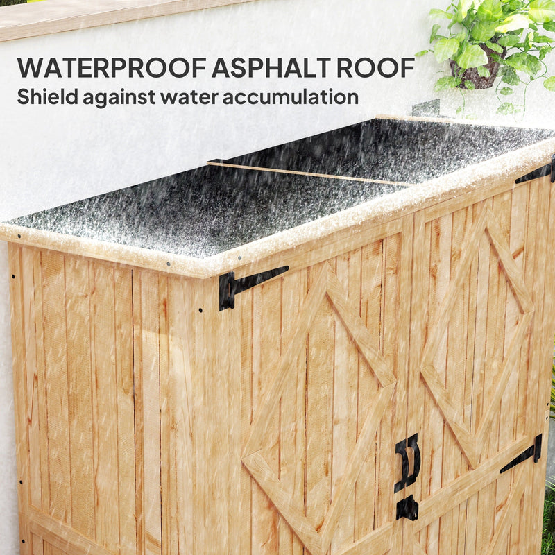 Close-up of the waterproof asphalt roof shedding rain from the top of the wooden shed