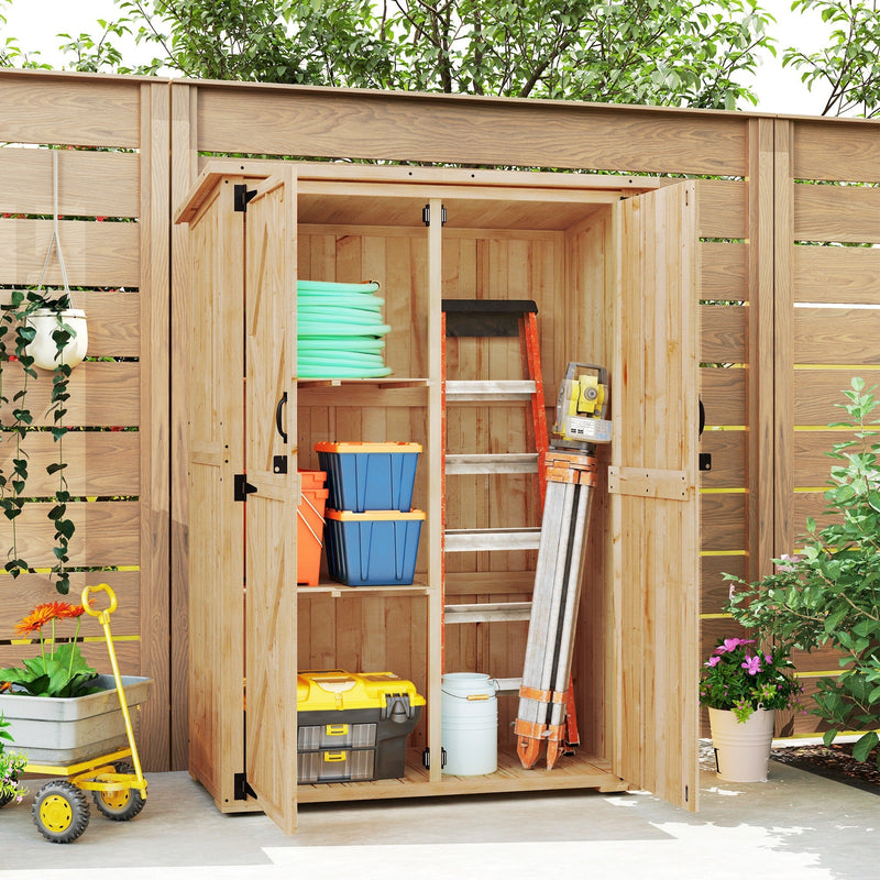 Wooden shed open against a slatted fence with a coiled hose, buckets and a step ladder inside