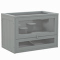 Grey wooden hamster cage with mesh top and acrylic viewing panel, studio shot