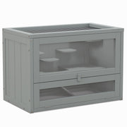 Grey wooden hamster cage with mesh top and acrylic viewing panel, studio shot