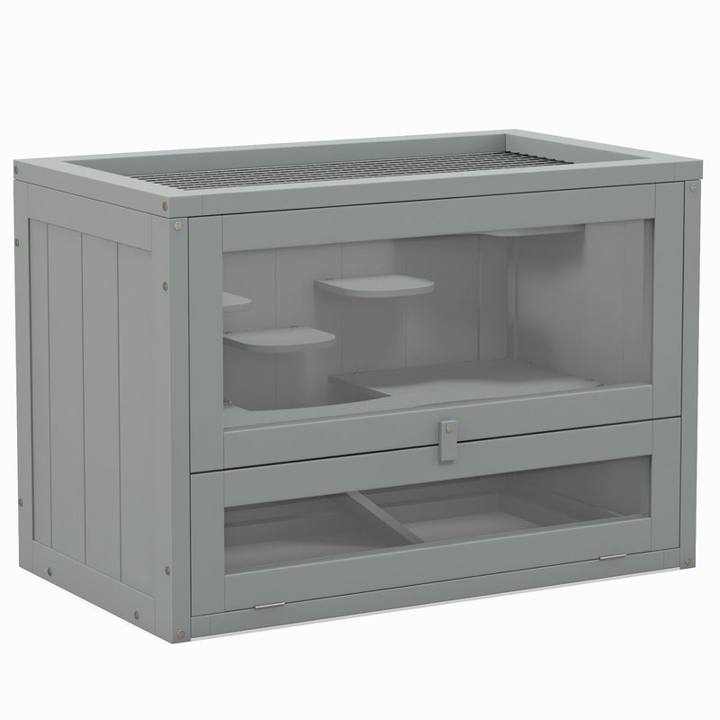 Grey wooden hamster cage with mesh top and acrylic viewing panel, studio shot