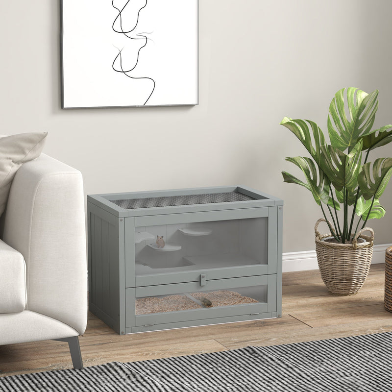 Grey PawHut hamster cage in a living room setting with a hamster inside