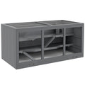 Grey wooden hamster cage with mesh top and viewing window, studio shot
