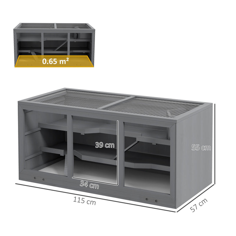Dimension diagram showing the hamster cage measuring 115 x 57 x 55cm